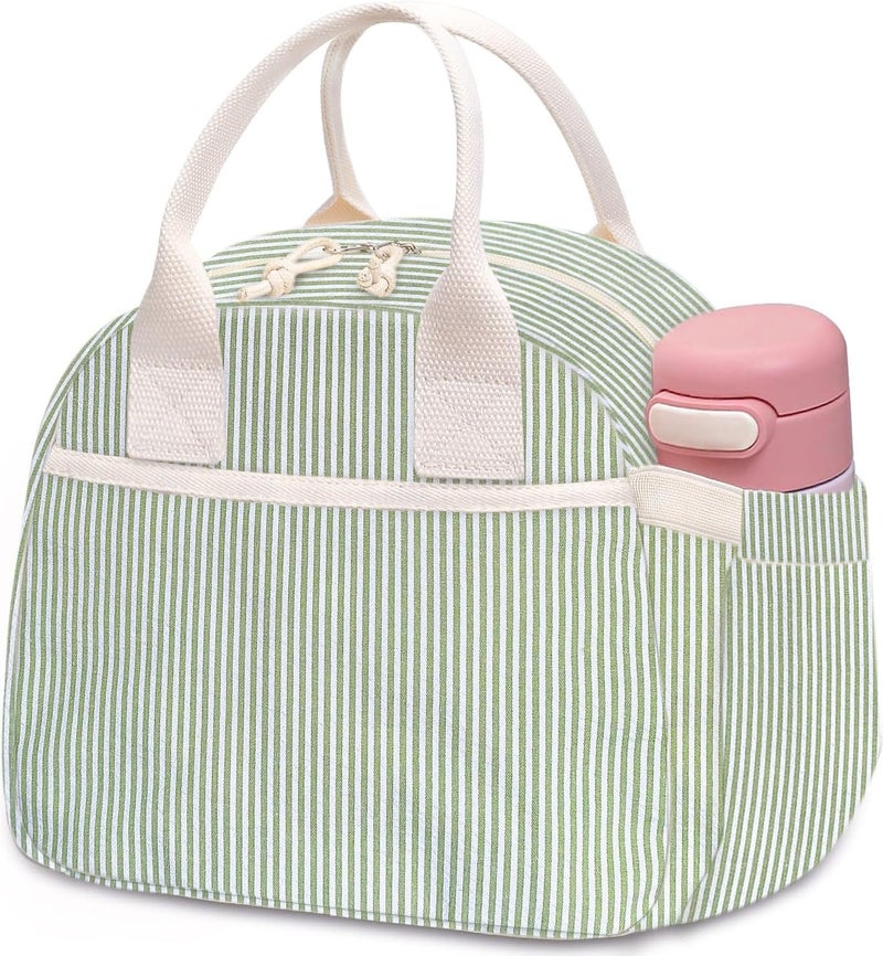 Carry bloom Lunch Box for Women, Insulated Lunch Bag Cute Corduroy Lunchbag Reusable Lunchbox for Work (1 green white stripes) - Image 1